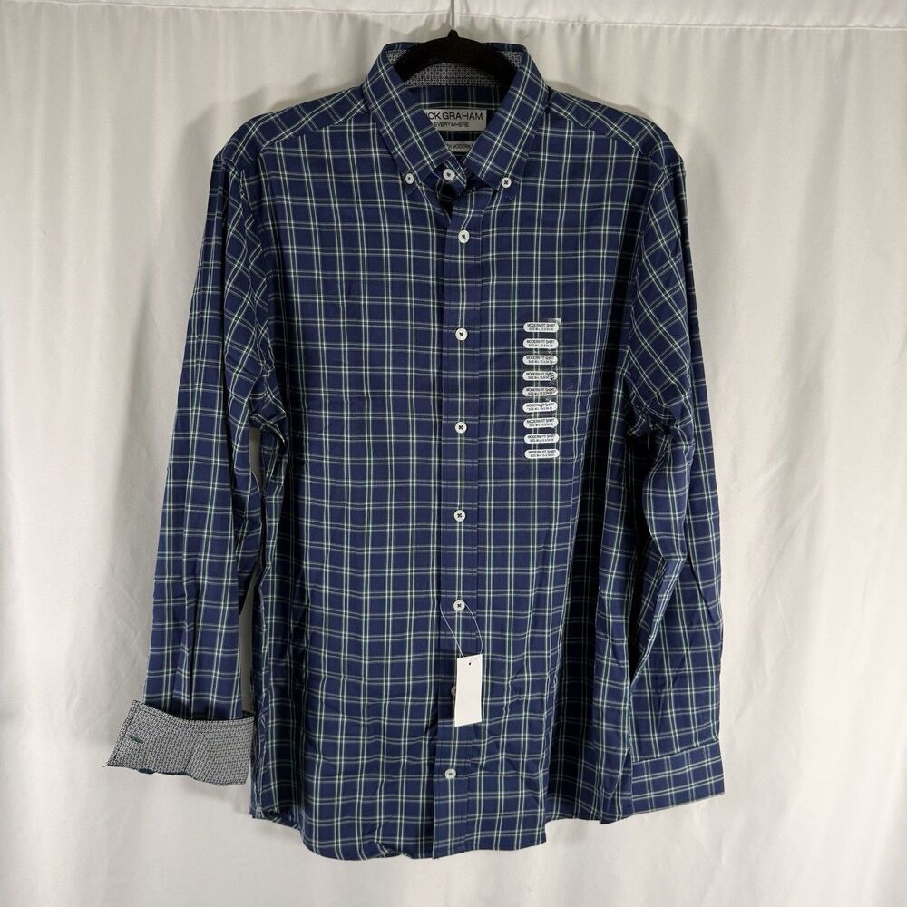 Nick Graham Everywhere Dress Shirt Men's 15.5 34/35 Blue Plaid Button Up Modern